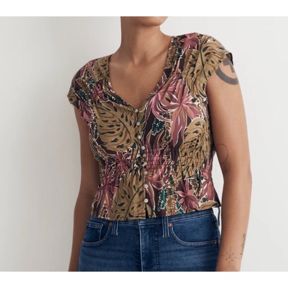Madewell Tops - Madewell Shirred Cap-Sleeve Top in Brushstroke Monstera linen floral sz‎ XL